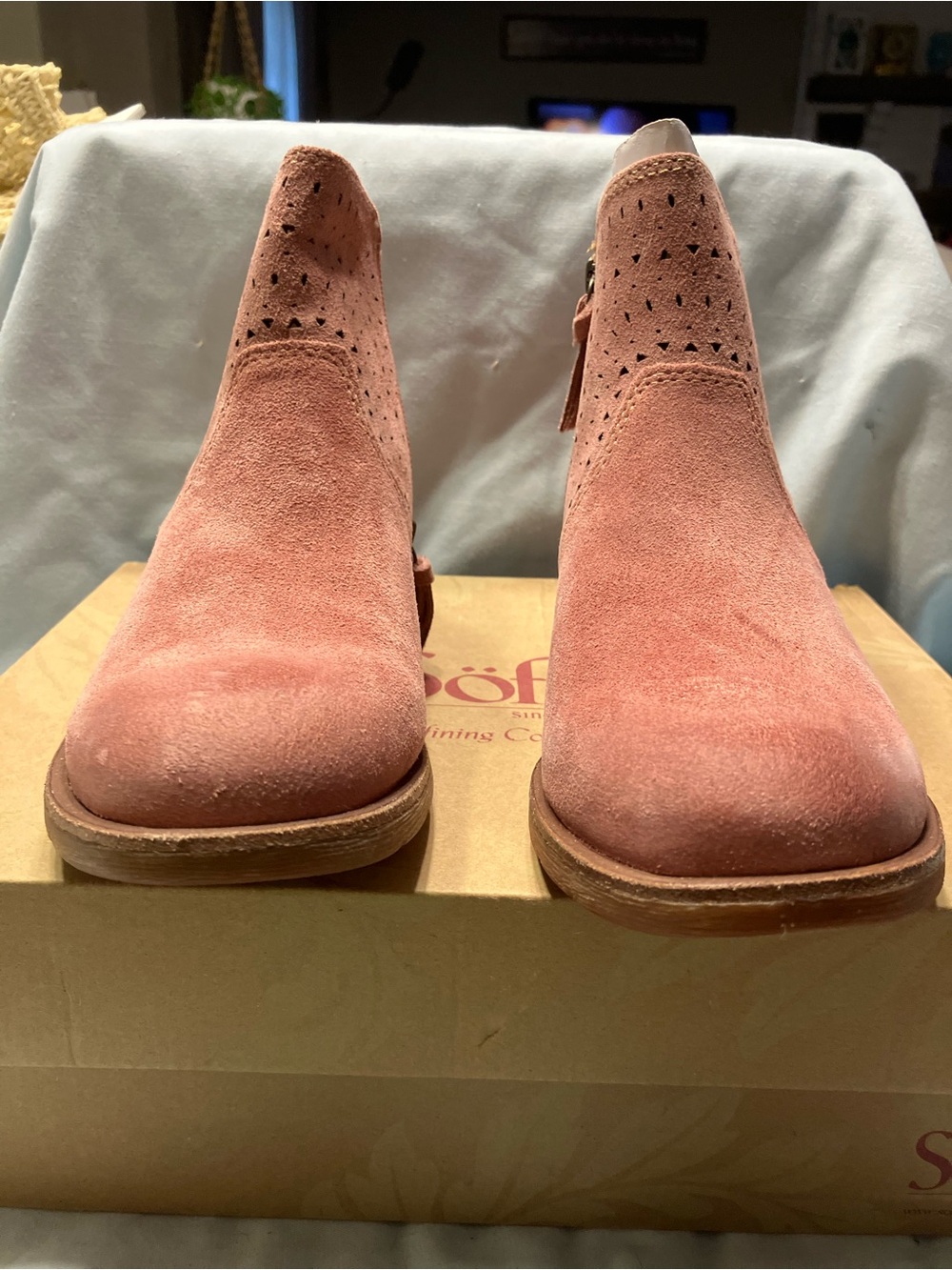 Sofft Dusty Pink Suede Ankle Booties with Perforated Detail